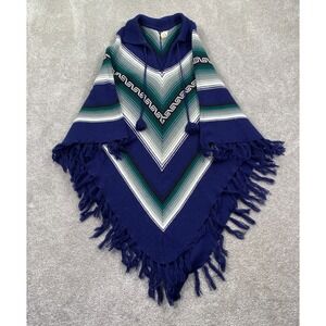 VTG Poncho Acrylic Aztec Geometric Fringed Cape Knit Boho Hippie One Size